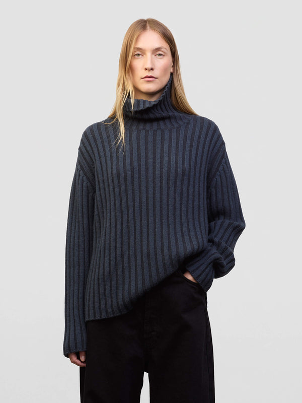 begg & co Womens Cawdor Mazarine Blue Roll Neck Cashmere Sweater - Begg x Co