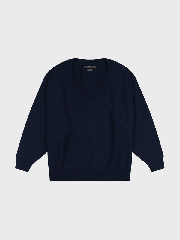 Begg & Co Womens Jade Cosmos Navy Cashmere V Neck Sweater - Begg X Co