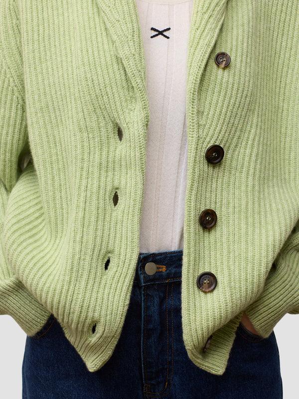 Begg & Co Womens Mini Yacht Sorrel Green Cashmere Knitted Cardigan - Begg X Co