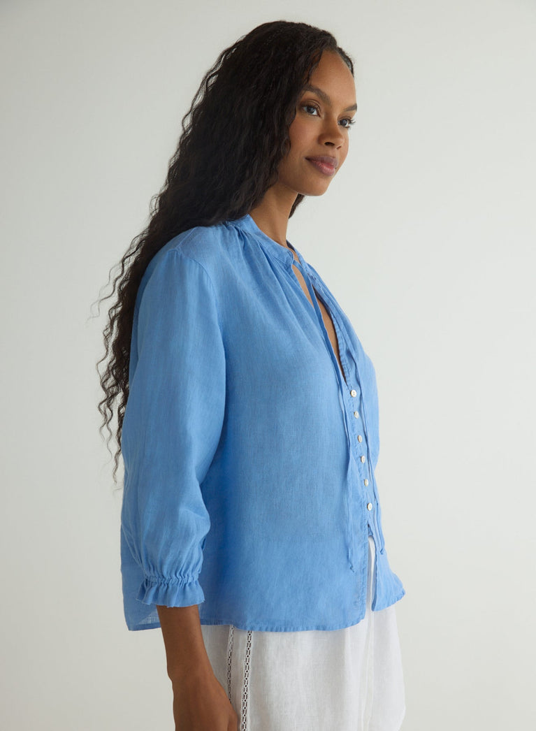 Bella Dahl 3/4 Sleeve Tie Neck Blouse - Riviera Blue