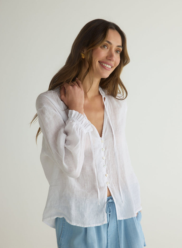 Bella Dahl 3/4 Sleeve Tie Neck Blouse - White