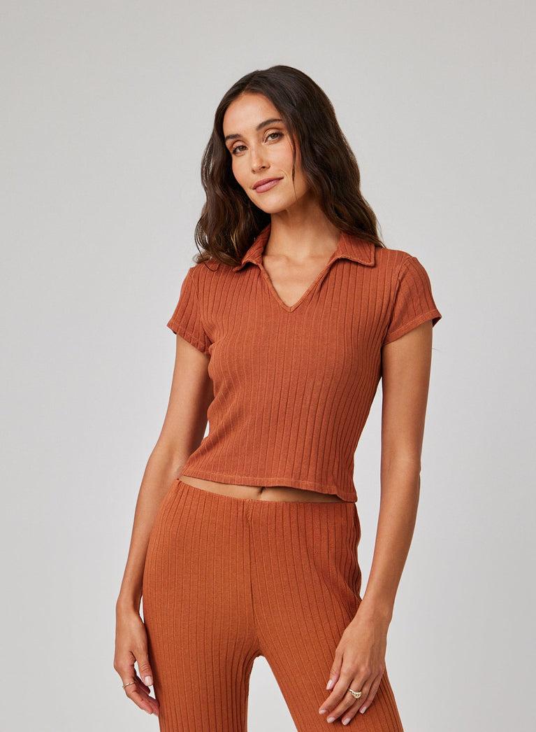 bella dahl Collared Crop Top - Spring Brown