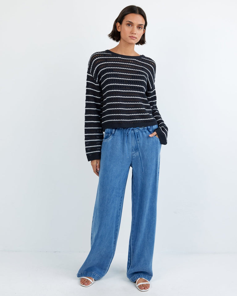 Bella Dahl Crew Neck Sweater - Black Ivory Stripe