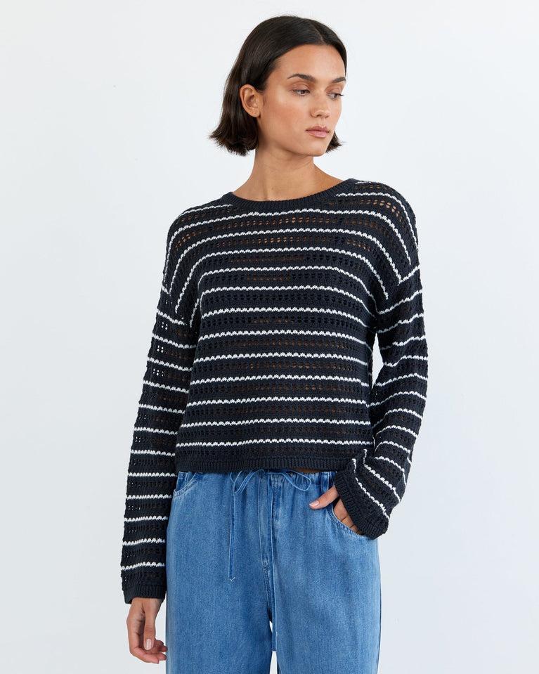 Bella Dahl Crew Neck Sweater - Black Ivory Stripe