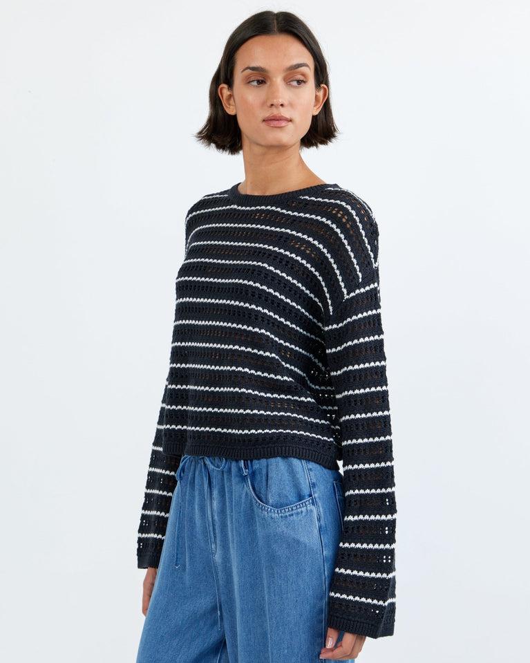 Bella Dahl Crew Neck Sweater - Black Ivory Stripe