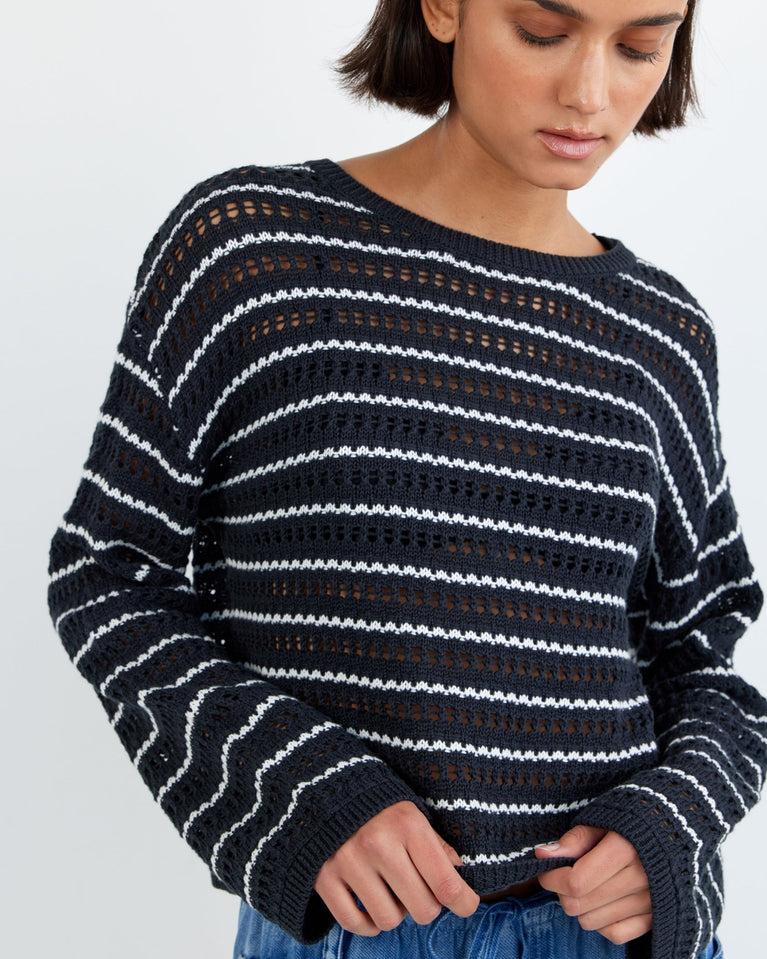 bella dahl Crew Neck Sweater - Black Ivory Stripe
