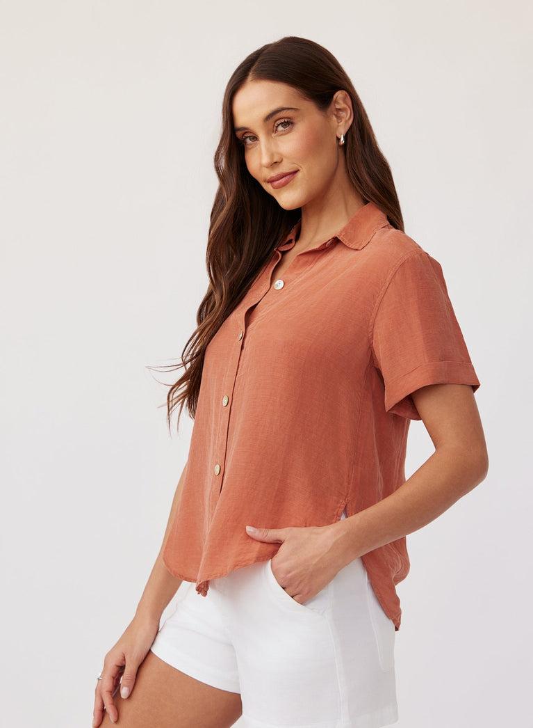 Bella Dahl Cuffed Short Sleeve Shirt - Spiced Sienna