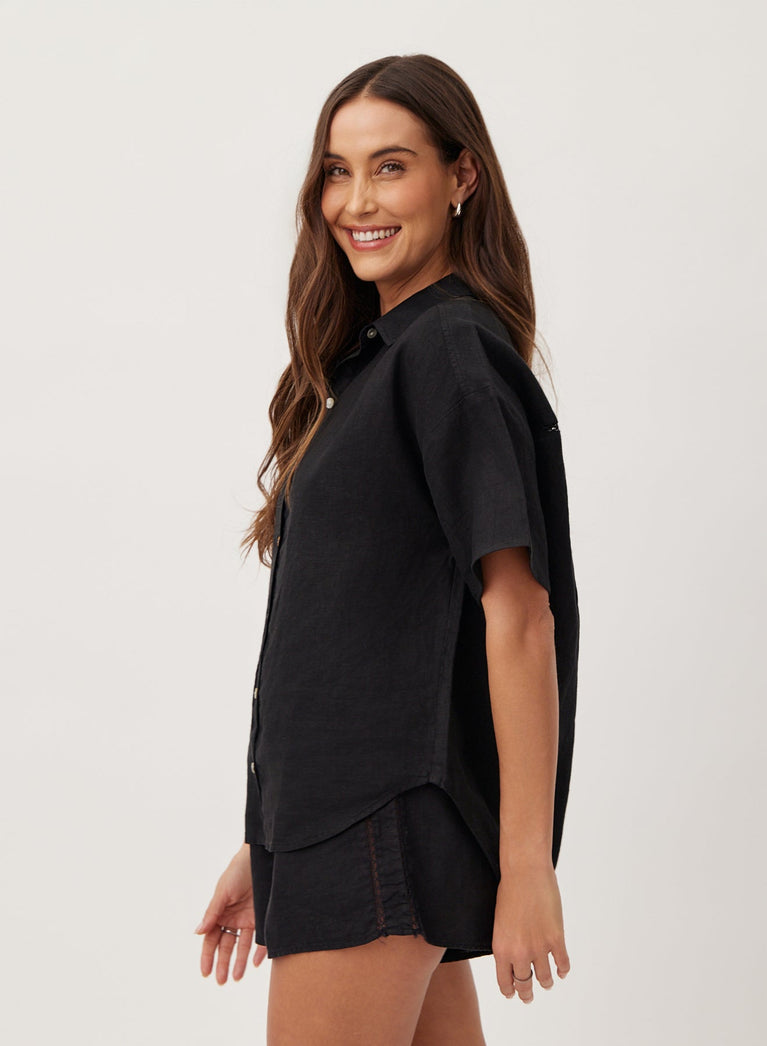 Bella Dahl Lace Trim Button Down - Black