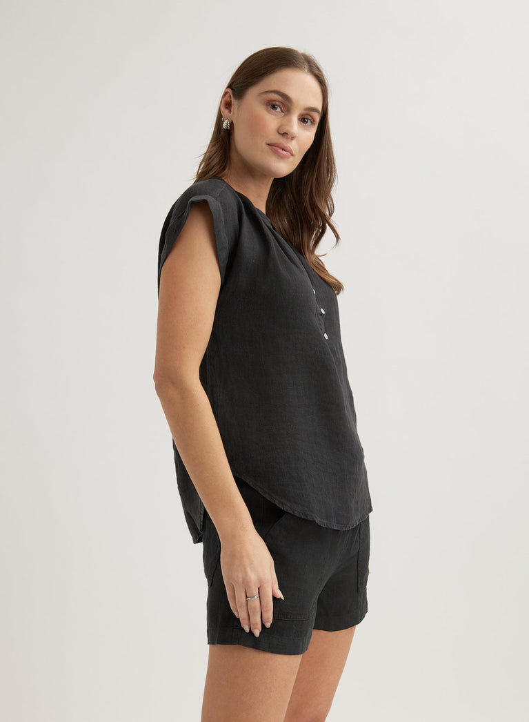 Bella Dahl Linen Cap Sleeve Pullover - Black
