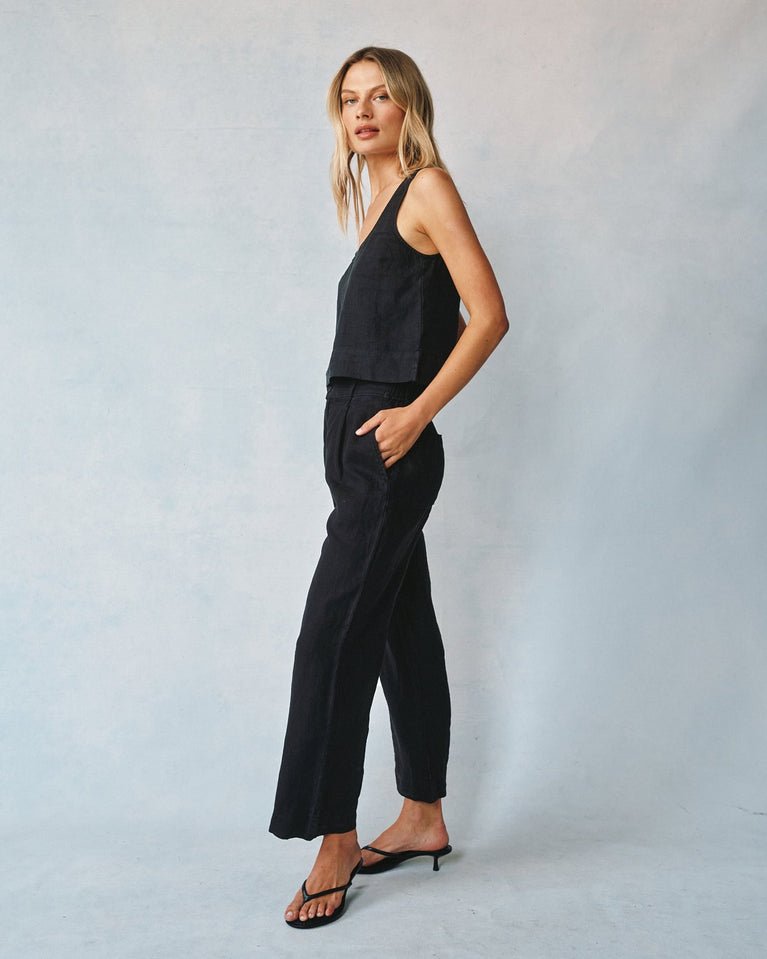 Bella Dahl Linen Pleated Wide Leg Ankle Pant - Black