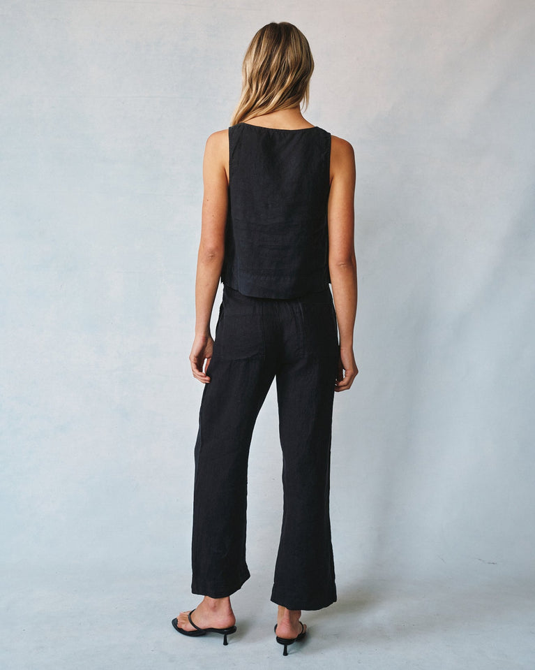 Bella Dahl Linen Pleated Wide Leg Ankle Pant - Black