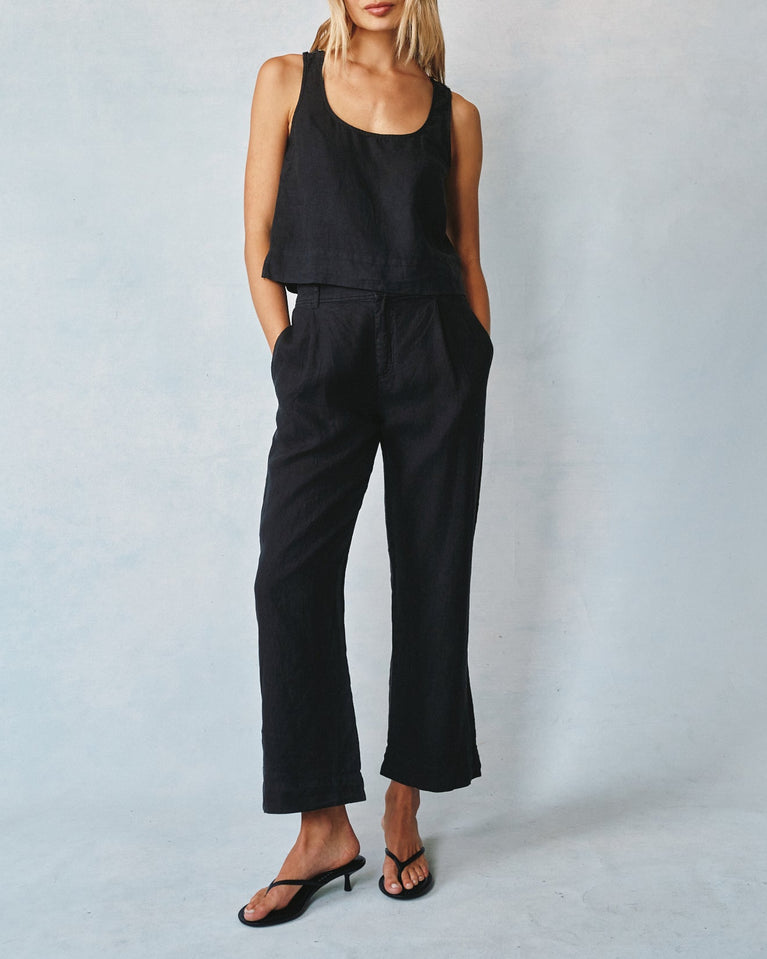 bella dahl Linen Pleated Wide Leg Ankle Pant - Black