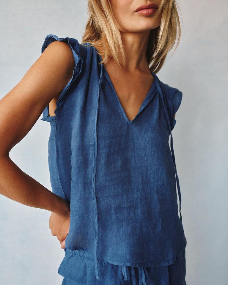 bella dahl Linen Ruffle Sleeve Top - Antique Indigo