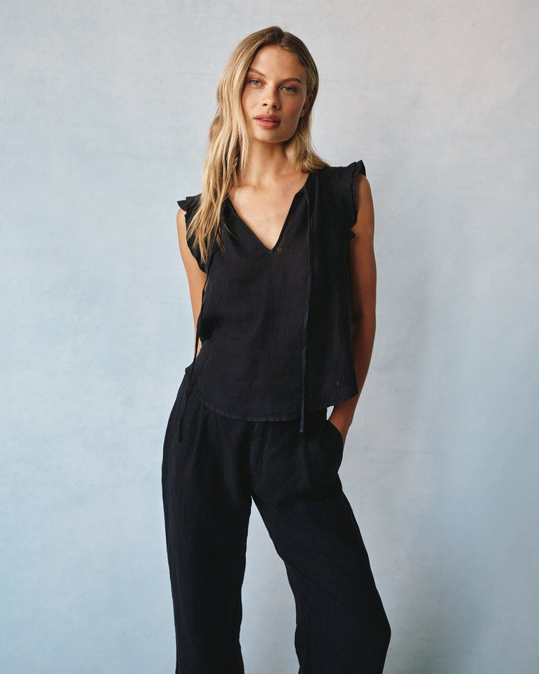 Bella Dahl Linen Ruffle Sleeve Top - Black