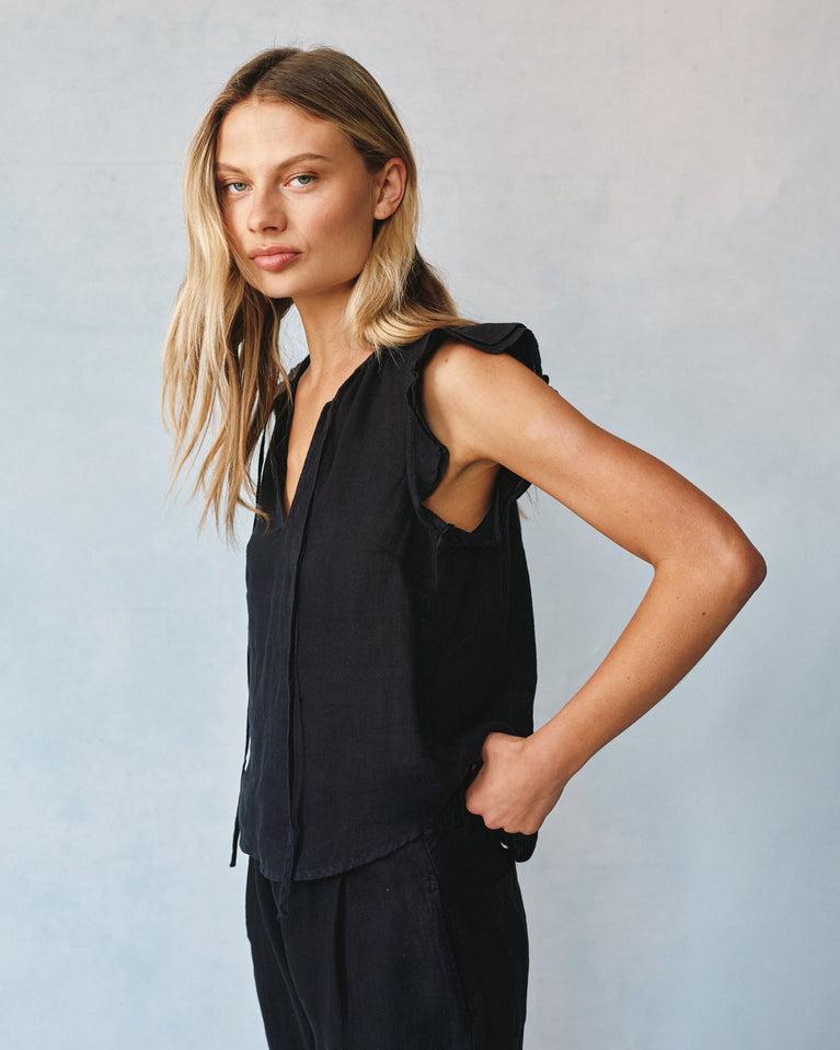 Bella Dahl Linen Ruffle Sleeve Top - Black