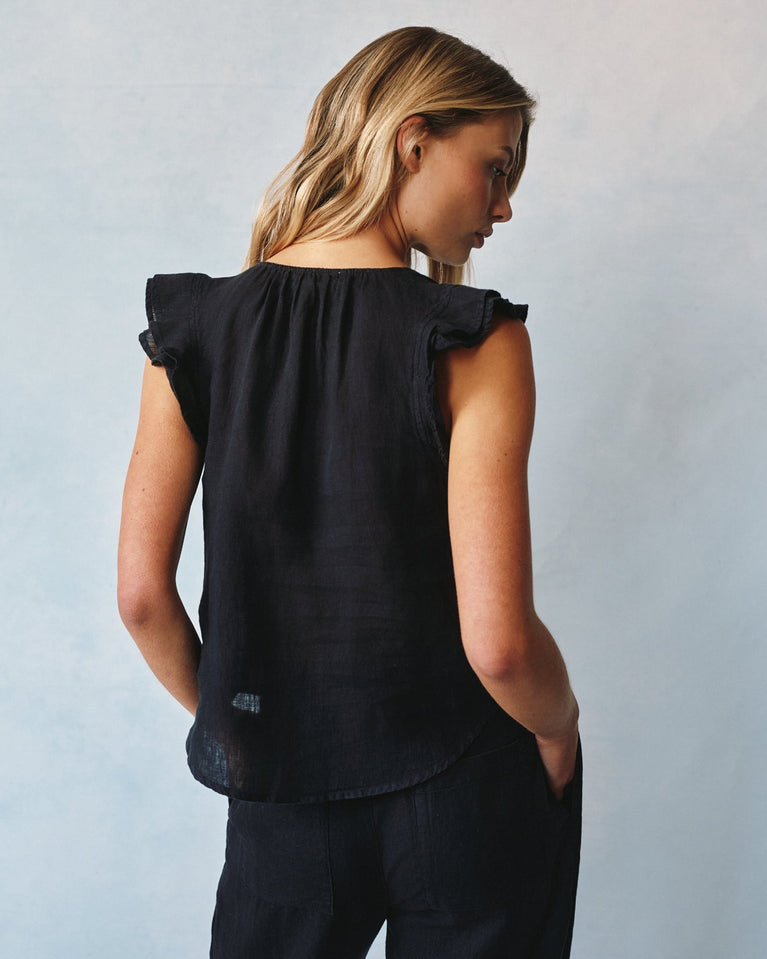 Bella Dahl Linen Ruffle Sleeve Top - Black