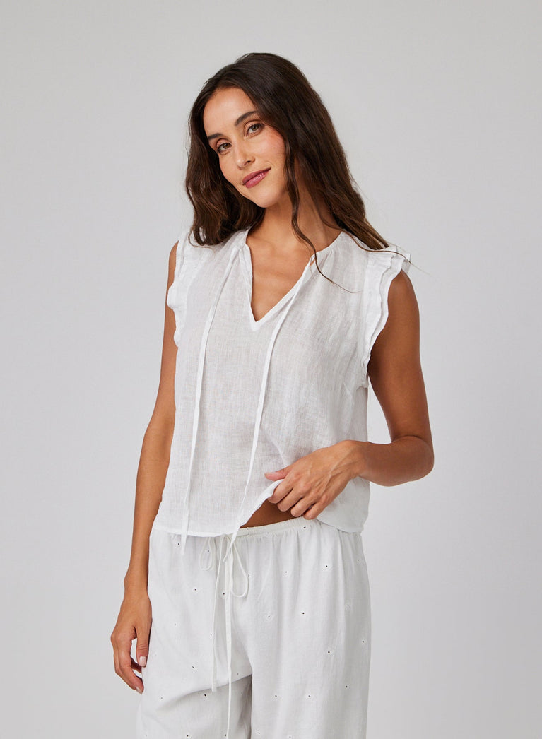 bella dahl Linen Ruffle Sleeve Top - White