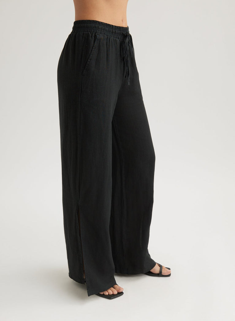 Bella Dahl Linen Side Slit Wide Leg Pant - Black