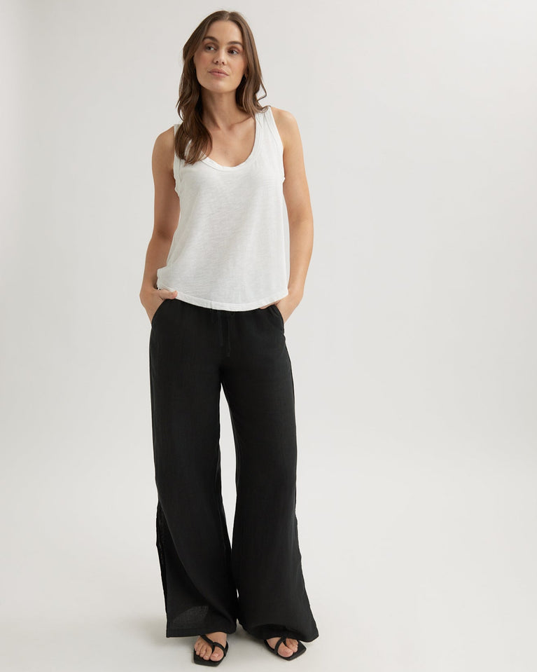 bella dahl Linen Side Slit Wide Leg Pant - Black