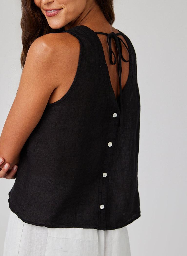 Bella Dahl Linen Sleeveless Button Back Top - Black