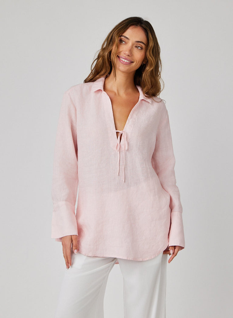 Bella Dahl Linen Tie Neck Tunic - Pastel Pink