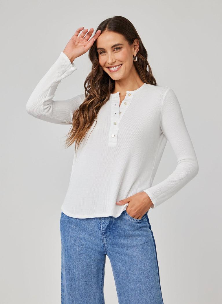 bella dahl Long Sleeve Wide Placket Henley - White