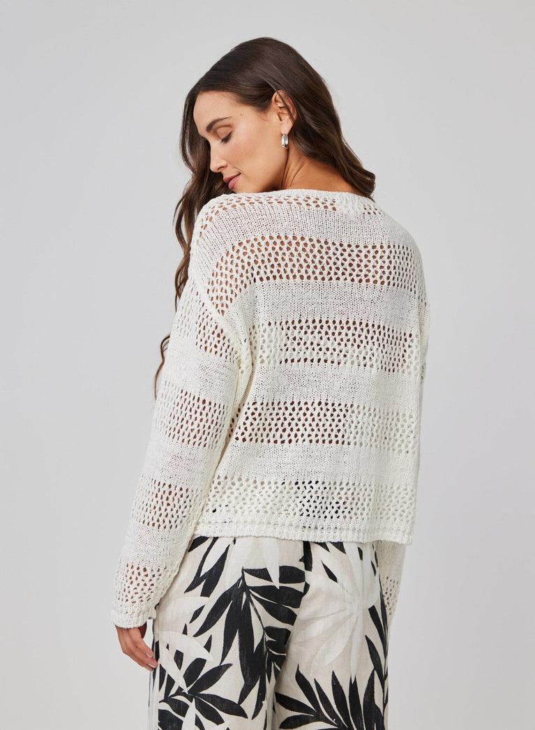 Bella Dahl Open Knit Stripe Crew Sweater - White