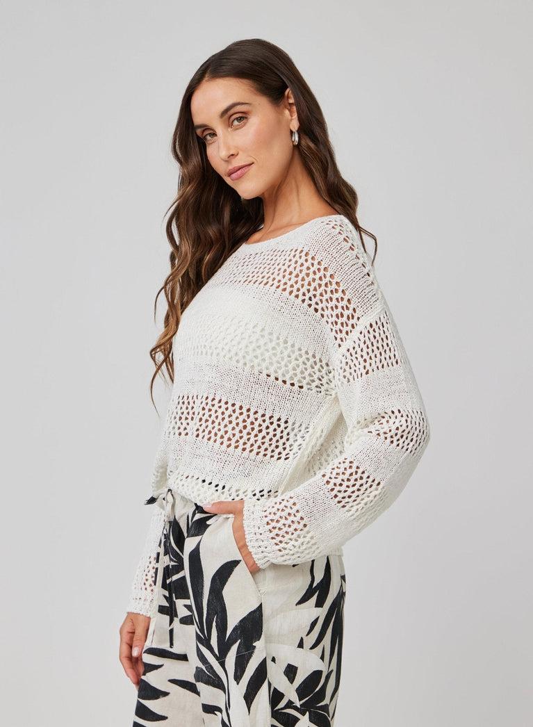 Bella Dahl Open Knit Stripe Crew Sweater - White