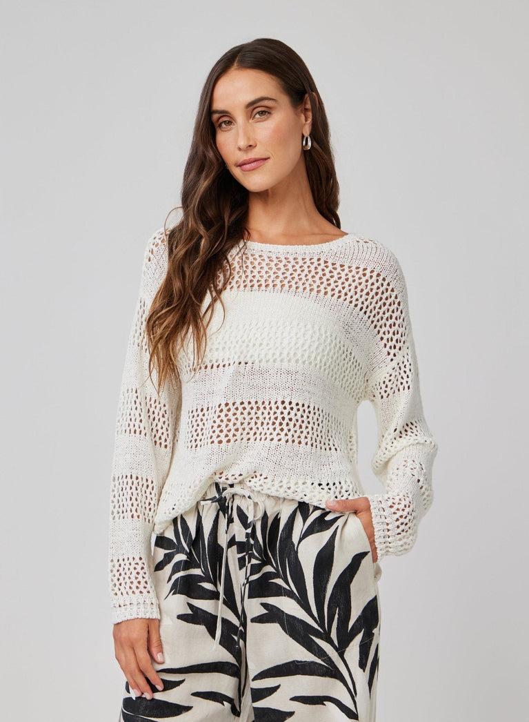 Bella Dahl Open Knit Stripe Crew Sweater - White