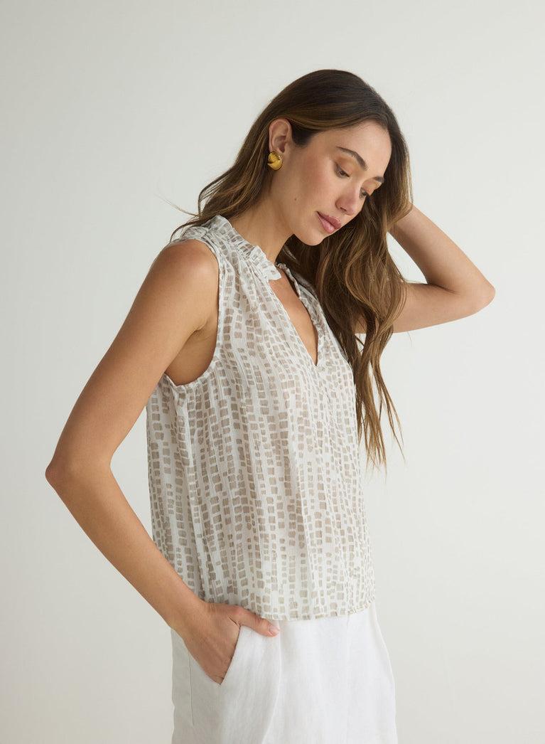 Bella Dahl Ruffle Neck Tank - Abstract Blocks Print