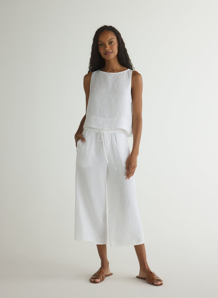 Bella Dahl Ruffle Waist Wide Leg Crop - White