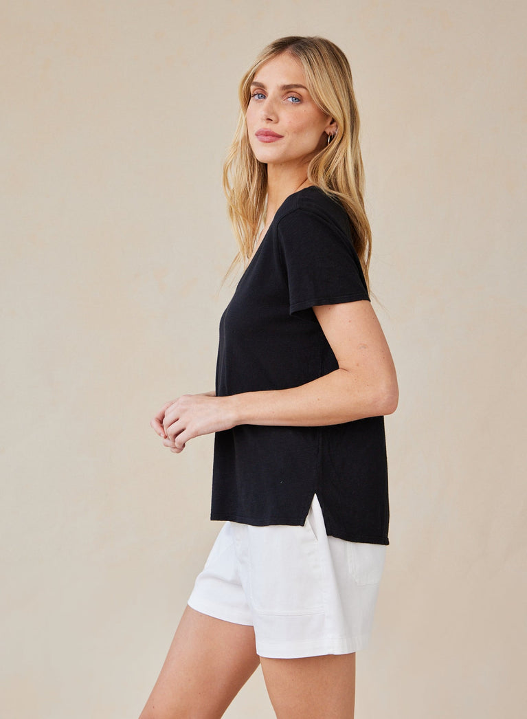 Bella Dahl Side Slit V-Neck Tee - Black