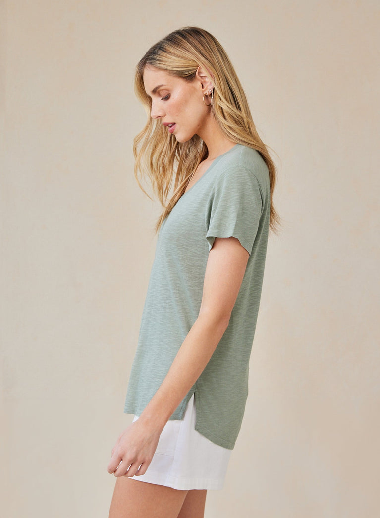 Bella Dahl Side Slit V-Neck Tee - Olive Grove