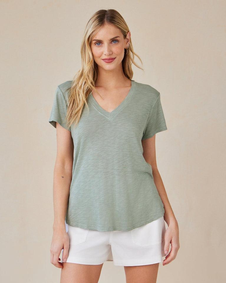 bella dahl Side Slit V-Neck Tee - Olive Grove