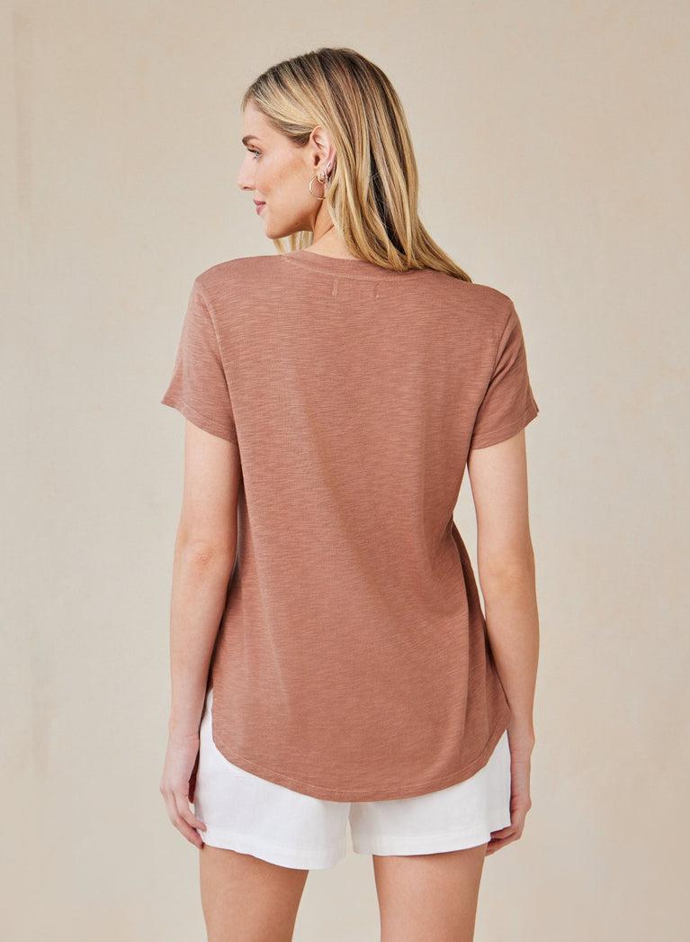 Bella Dahl Side Slit V-Neck Tee - Terracotta Brown