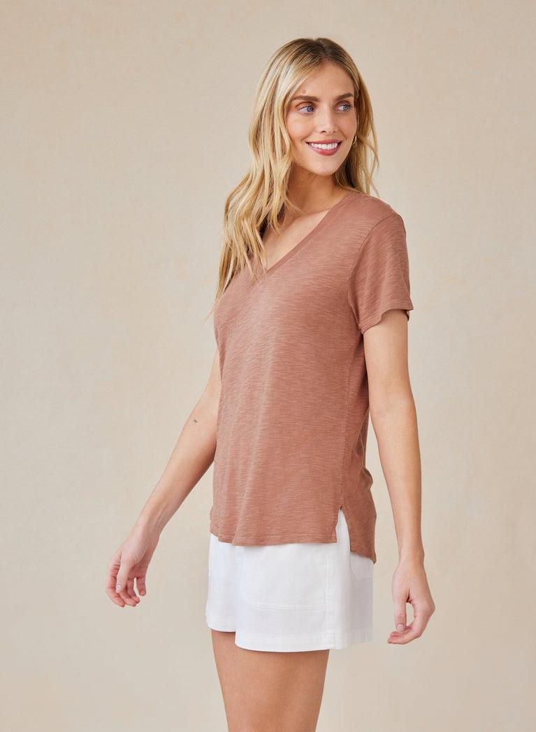 Bella Dahl Side Slit V-Neck Tee - Terracotta Brown
