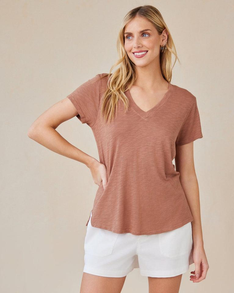 bella dahl Side Slit V-Neck Tee - Terracotta Brown