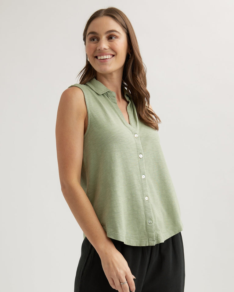 bella dahl Sleeveless Button Front Top - Olive Grove