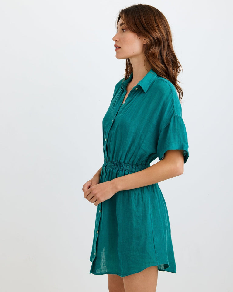 Bella Dahl Smocked Short Sleeve Dress - Teal Green