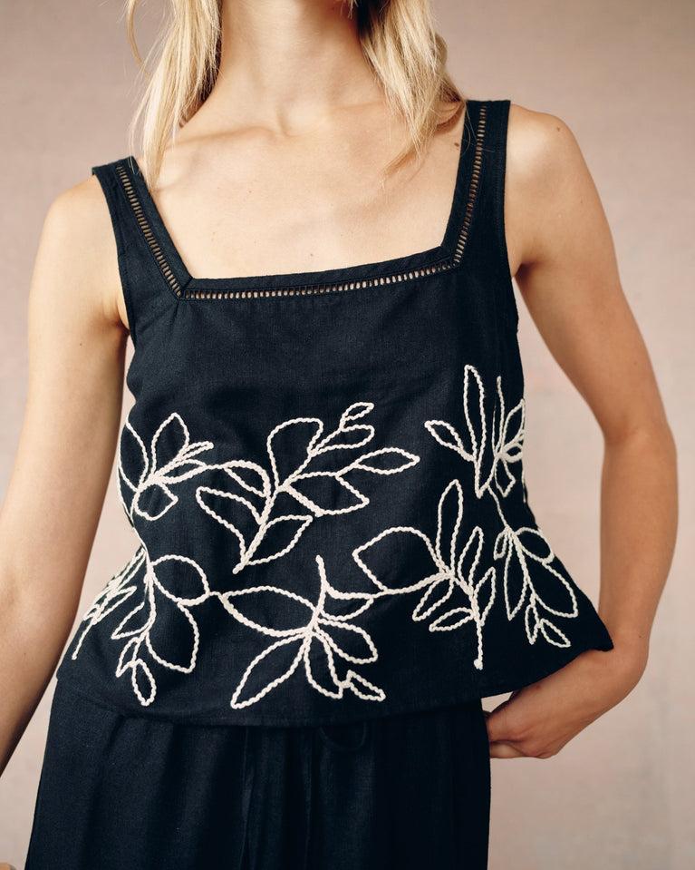 bella dahl Square Neck Ladder Trim Top - Black