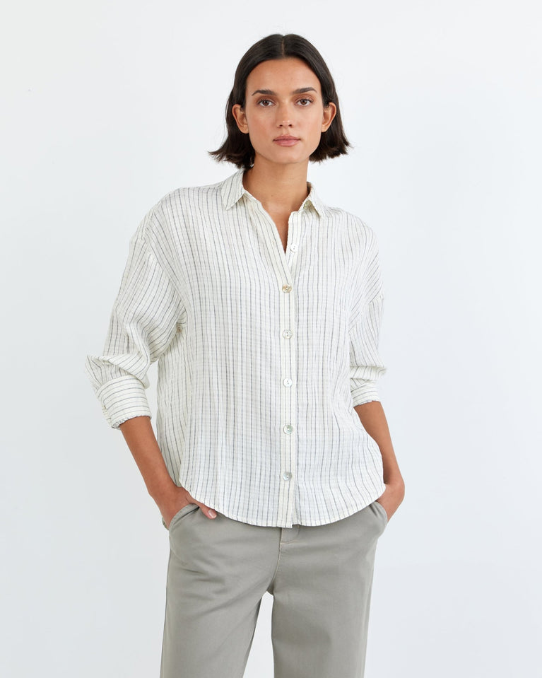 Bella Dahl Boyfriend Button Down - Ecru/Black Pinstripe