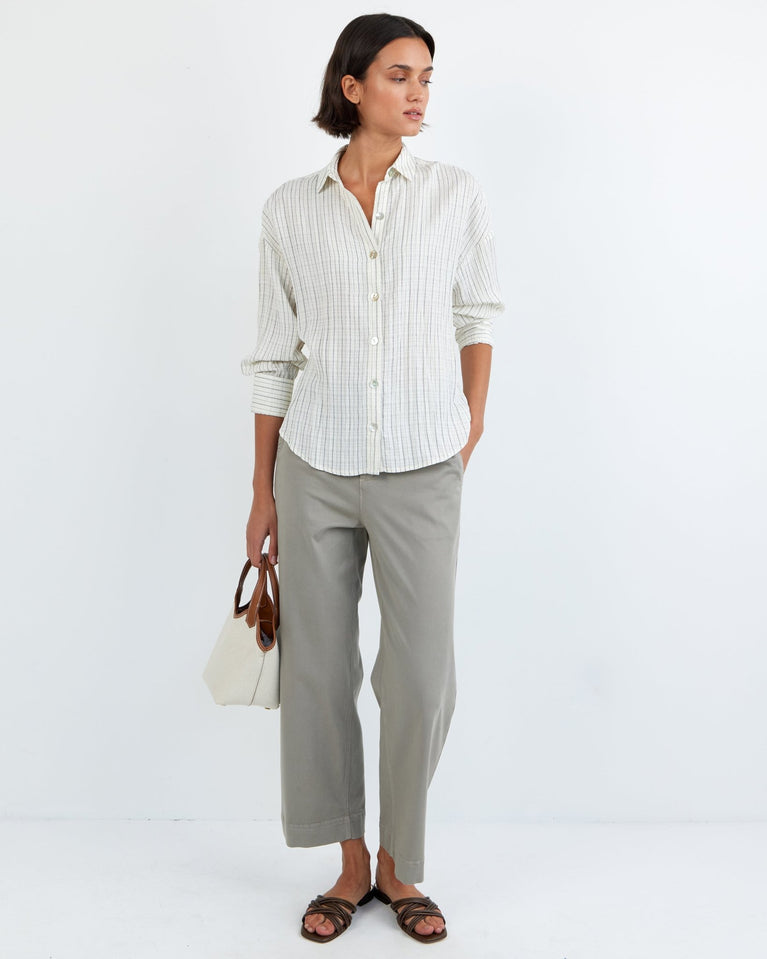 bella dahl Boyfriend Button Down - Ecru/Black Pinstripe