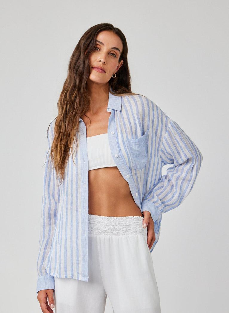 Bella Dahl Contrast Pocket Boyfriend Shirt - Blue Sky Stripe