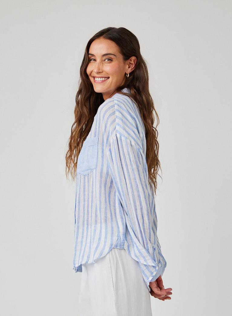 Bella Dahl Contrast Pocket Boyfriend Shirt - Blue Sky Stripe