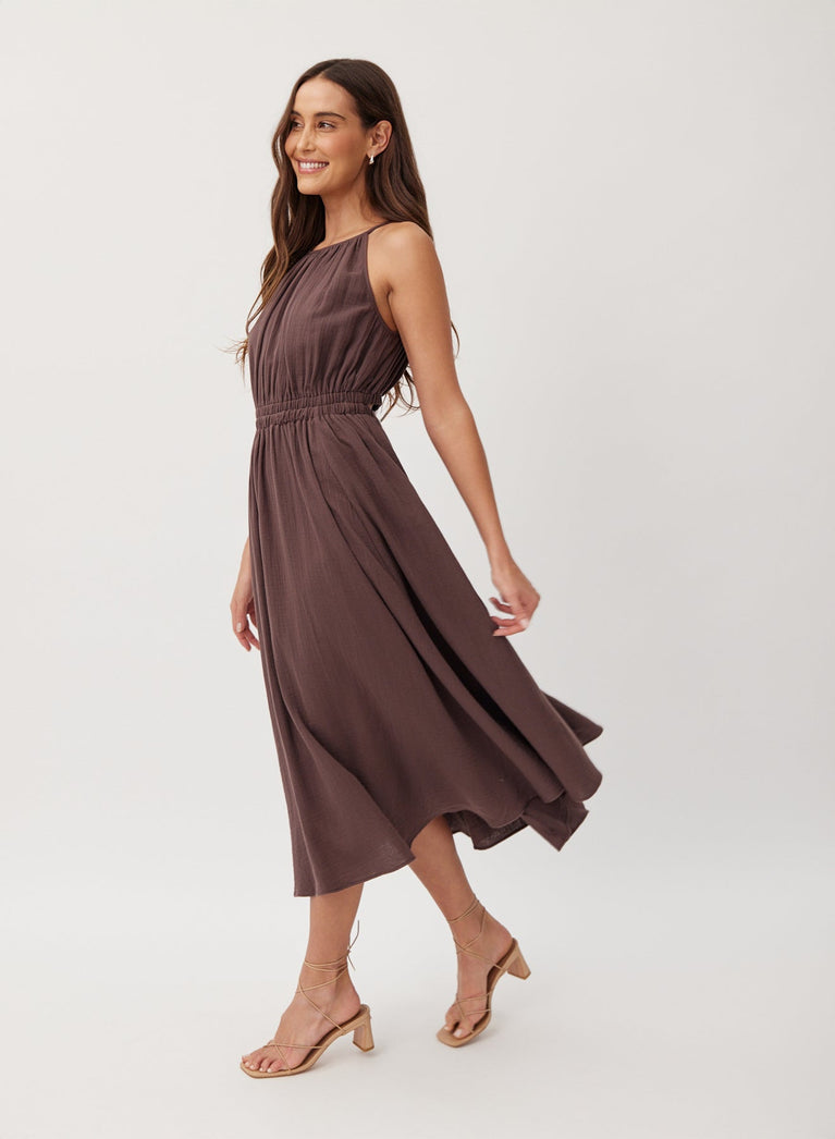 Bella Dahl Cut Out Back Midi Halter Dress - Marrakech Brown