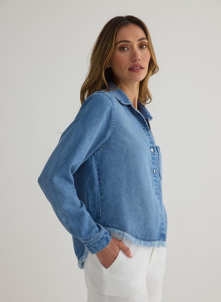 Bella Dahl Fray Hem Cropped Button Down - Amalfi Marine Wash
