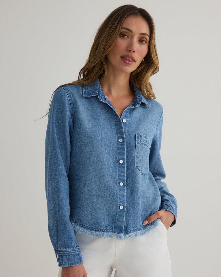 bella dahl Fray Hem Cropped Button Down - Amalfi Marine Wash