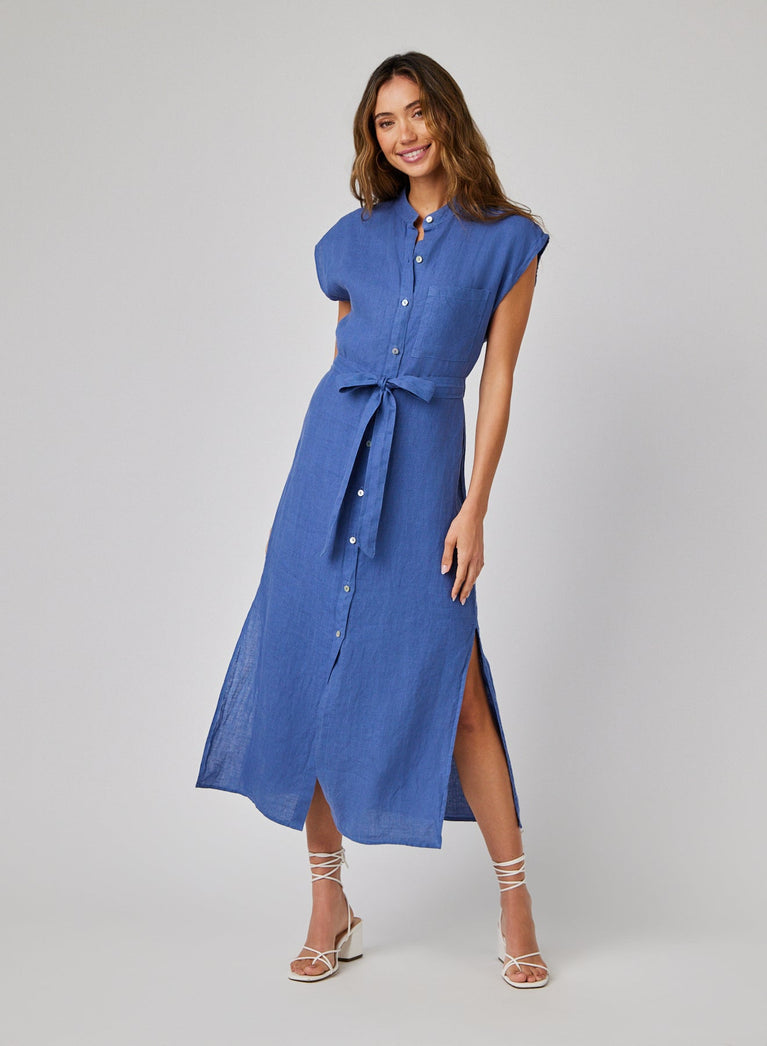 Bella Dahl Linen Cap Sleeve Button Front Midi Dress - Antique Indigo