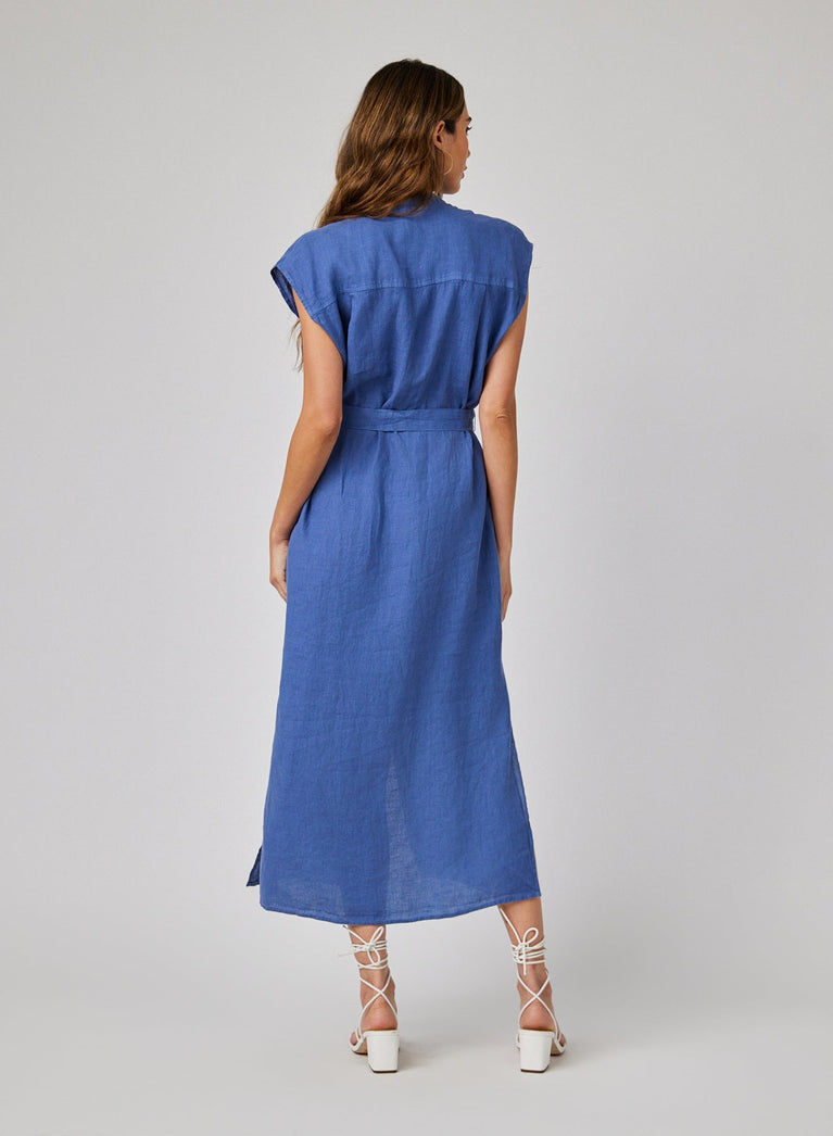 Bella Dahl Linen Cap Sleeve Button Front Midi Dress - Antique Indigo