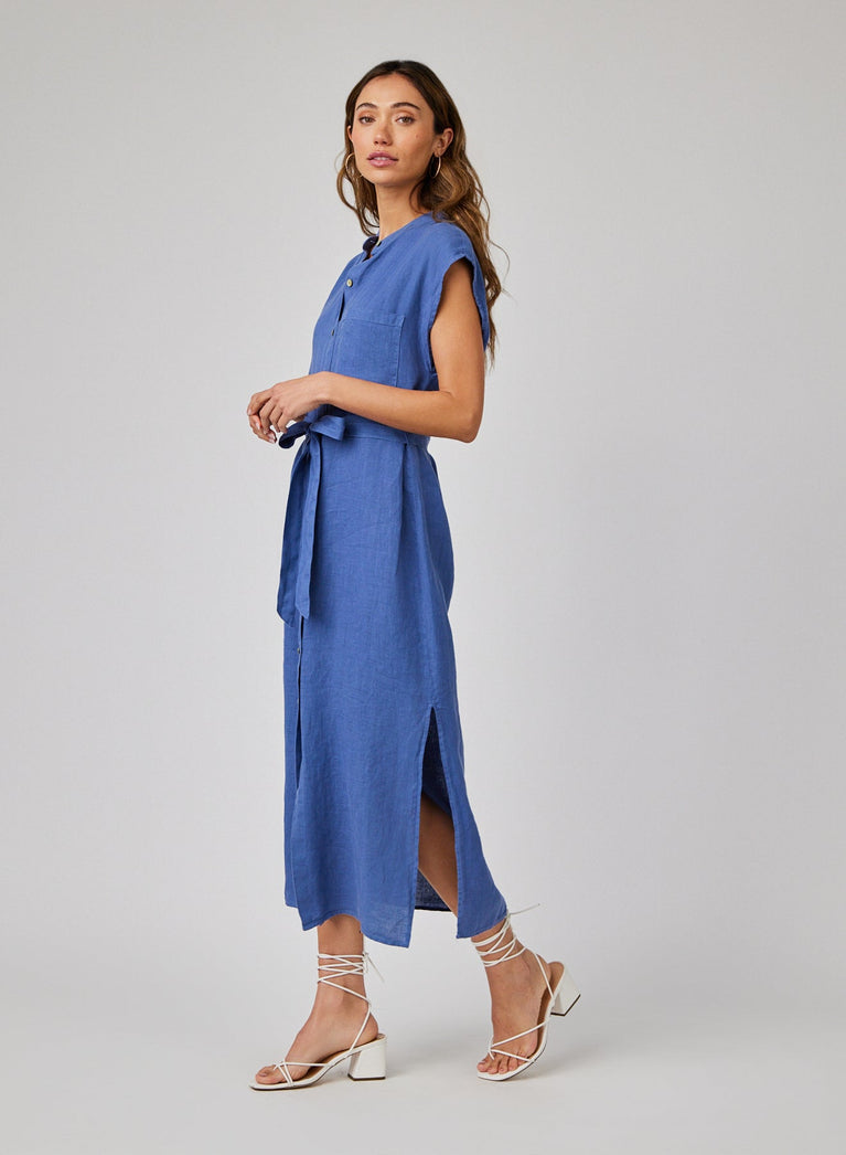 Bella Dahl Linen Cap Sleeve Button Front Midi Dress - Antique Indigo